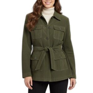 Vintage H&G Outerwear Olive Suede Button Front Belted Utility Jacket Size S